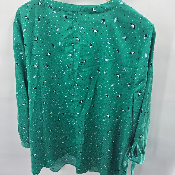 Catherines Blue Cafe Umbrella Novelty 3/4 Sleeved Buttoned Down Blouse 1x - Picture 2 of 9